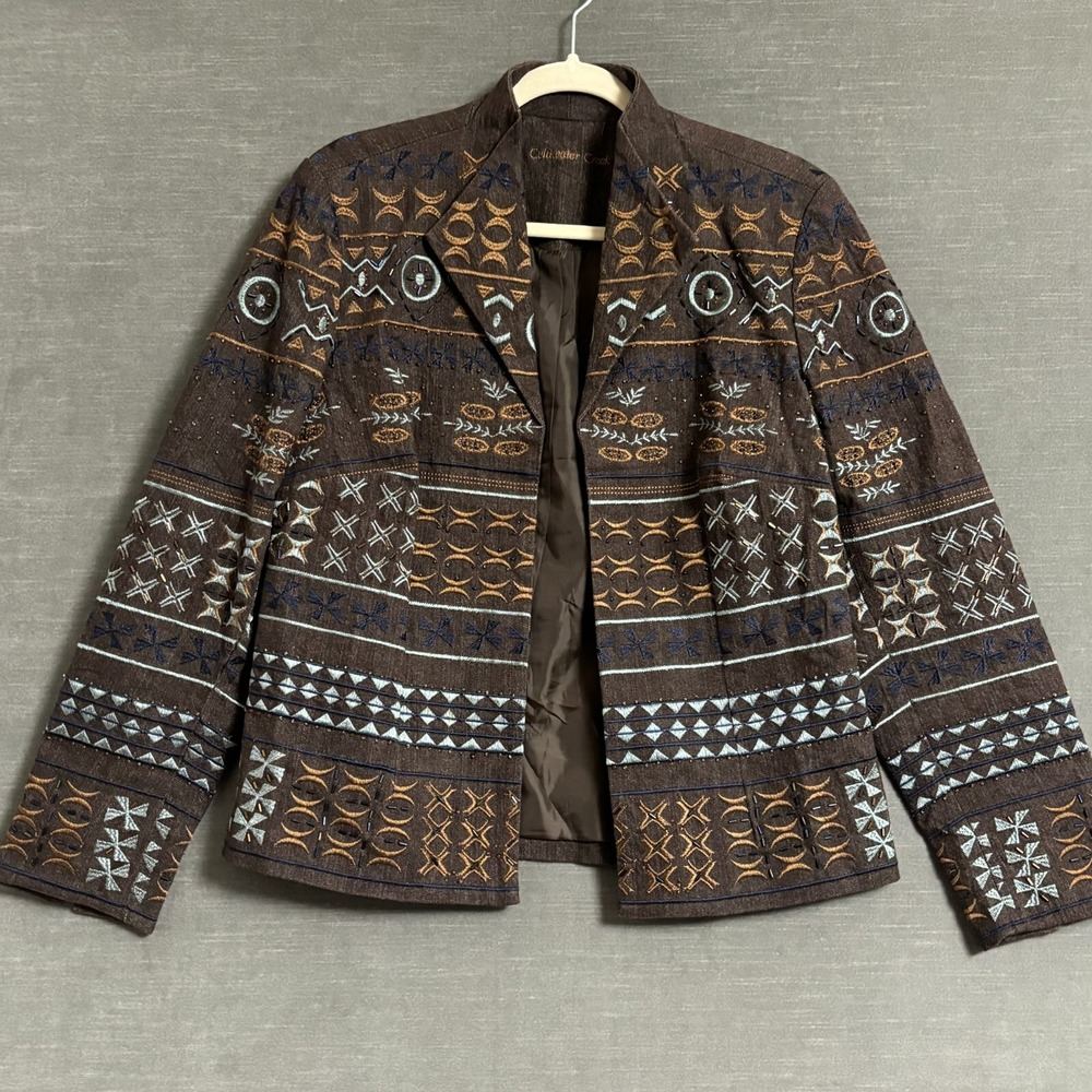 Coldwater Creek Jacket 10 Brown Embroidered Beaded Aztec Southwestern Blazer